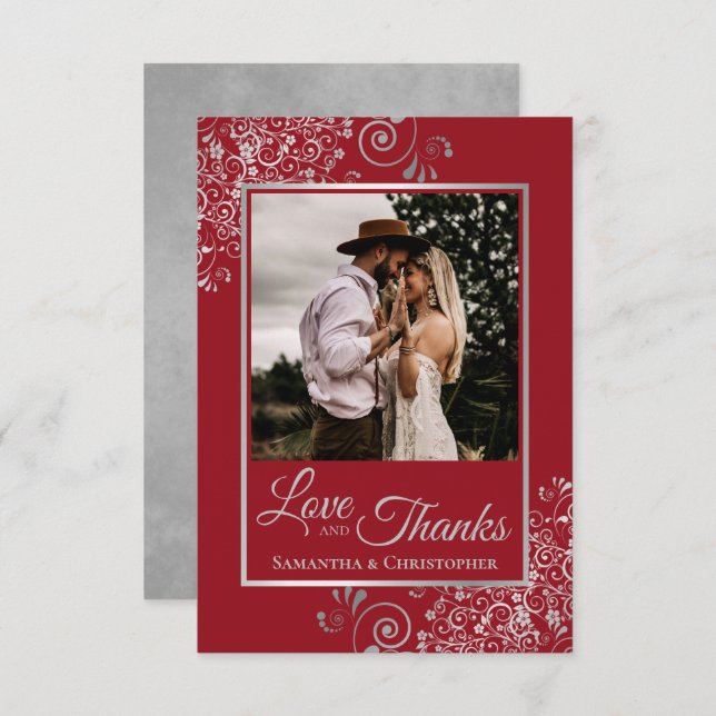 Elegant Silver Lace on Red Love & Thanks Wedding Thank You Card (Front/Back)