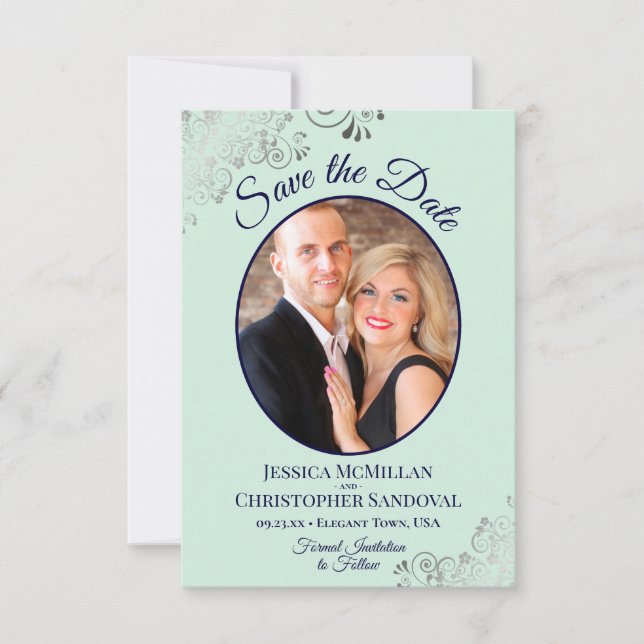 Elegant Silver Lace & Photo Mint & Navy Wedding Save The Date (Front)