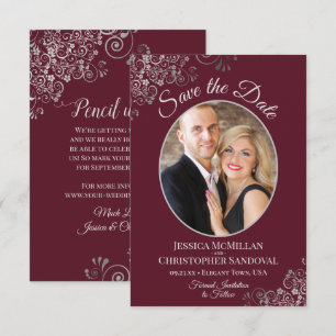 Elegant Silver Lace & Photo on Burgundy Wedding Save The Date