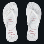 Elegant Silver Lace Red Script Bridesmaid Wedding Thongs<br><div class="desc">These cute flip flops are a fun way to thank and recognise the bridesmaids at your wedding. Features an elegant design with silver grey lace on a white background and fancy crimson red script lettering. There is room for her name and title, as well as the names of the wedding...</div>