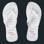 Elegant Silver Lace Red Script Bridesmaid Wedding Thongs<br><div class="desc">These cute flip flops are a fun way to thank and recognise the bridesmaids at your wedding. Features an elegant design with silver grey lace on a white background and fancy crimson red script lettering. There is room for her name and title, as well as the names of the wedding...</div>