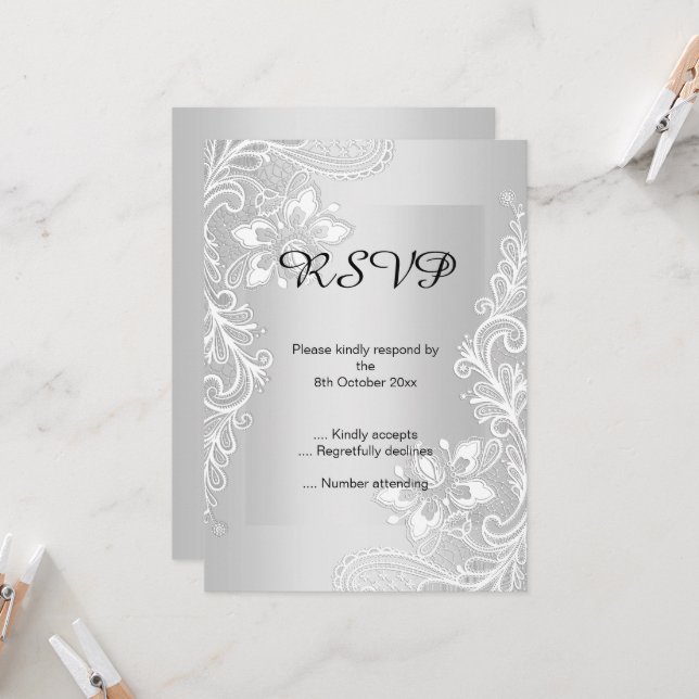 ELEGANT SILVER LACE RSVP 2 INVITATION (Front/Back In Situ)