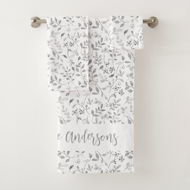 Elegant Silver Leafy Print on White Family Name Bath Towel Set (Insitu)