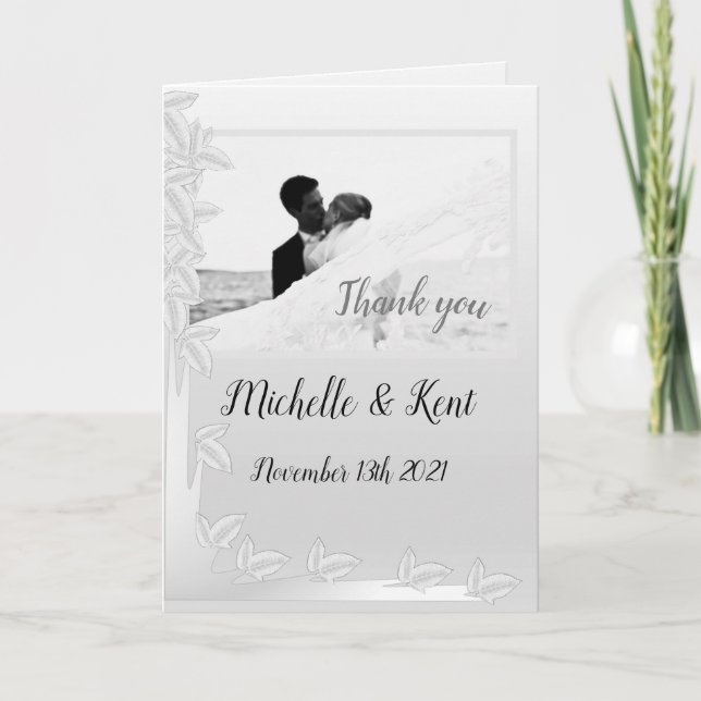 Elegant Silver Leaves Folded Thank You Card (Front)