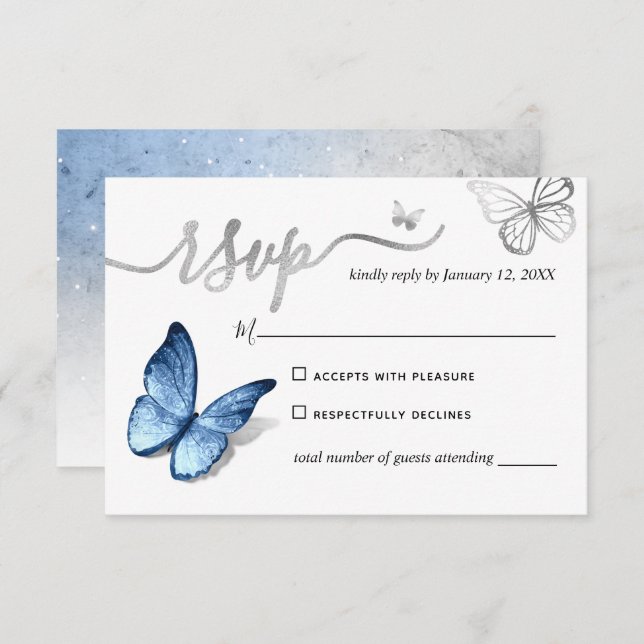 Elegant Silver Light Baby Blue Butterfly Wedding RSVP Card (Front/Back)