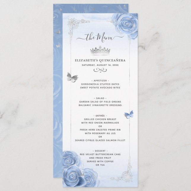 Elegant Silver Light Blue Roses Watercolor Floral Menu (Front/Back)