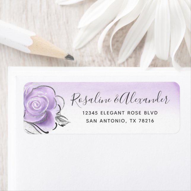 Elegant Silver Light Purple Rose Return Address Label (Insitu)