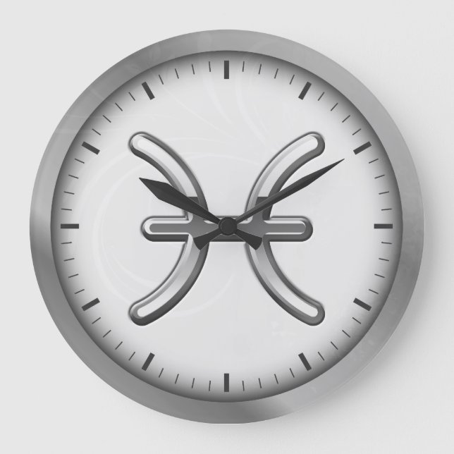 Elegant Silver Luxury Pisces Zodiac Symbol | Large Clock (Front)