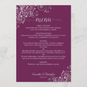 Elegant Silver & Magenta Plum Purple Wedding Menu