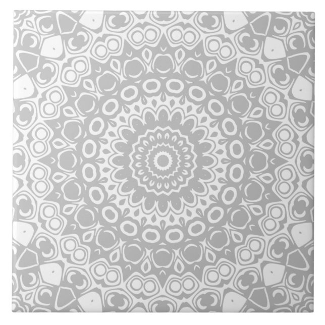 Elegant Silver Mandala Pattern Ceramic Tile (Front)
