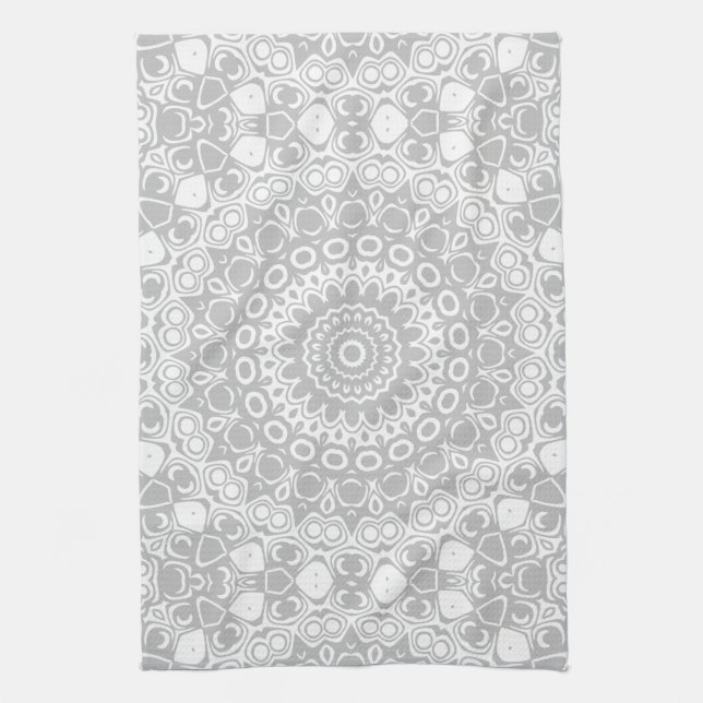 Elegant Silver Mandala Pattern Tea Towel (Vertical)