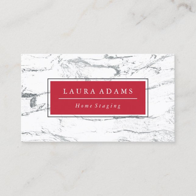 Elegant Silver Marble & Crimson Business Card (Front)