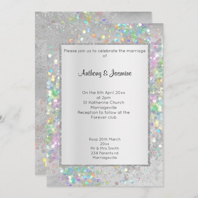 ELEGANT SILVER MARBLE HOLOGRAPHIC PASTEL WEDDING INVITATION (Front/Back)