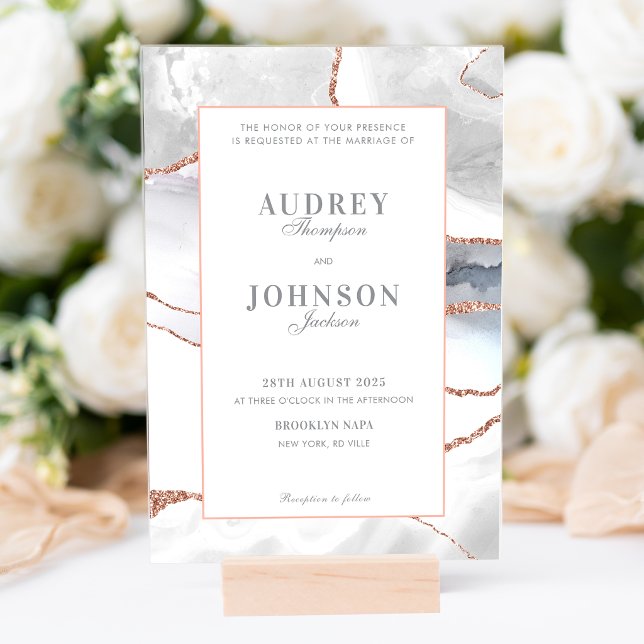 Elegant Silver Marble Rose Gold Wedding Acrylic Invitations (Creator Uploaded)