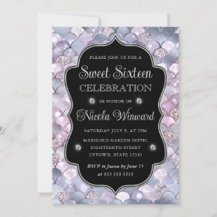 Elegant Silver Mermaid Scales Frame Sweet 16 Invitation