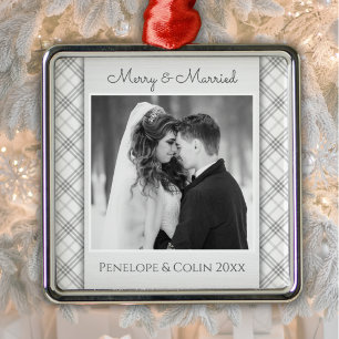 Elegant Silver Merry and Married Photo Ornament
