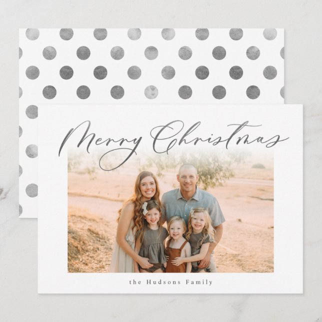 Elegant Silver Merry Christmas Calligraphy Photo Holiday Card (Front/Back)