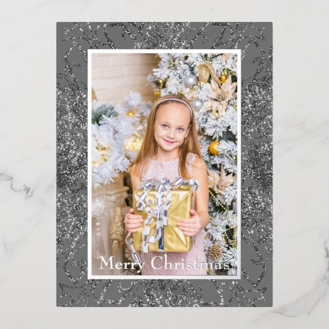 Elegant Silver Merry Christmas Photo Real  Foil Holiday Postcard (Front)