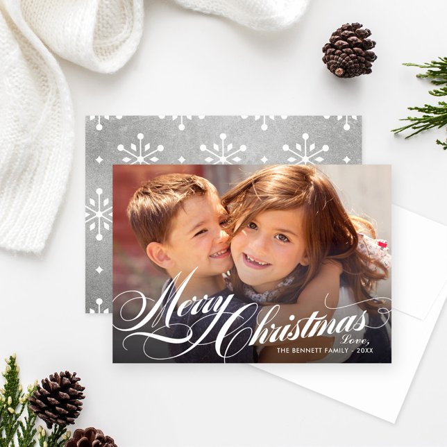 Elegant Silver Merry Christmas Script Photo Holiday Card (Creator Uploaded)