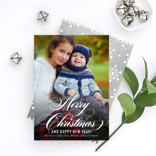 Elegant Silver Merry Christmas Script Photo Holiday Card