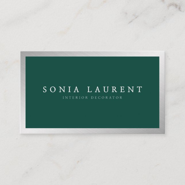 Elegant silver metallic forest green minimalist business card (Front)