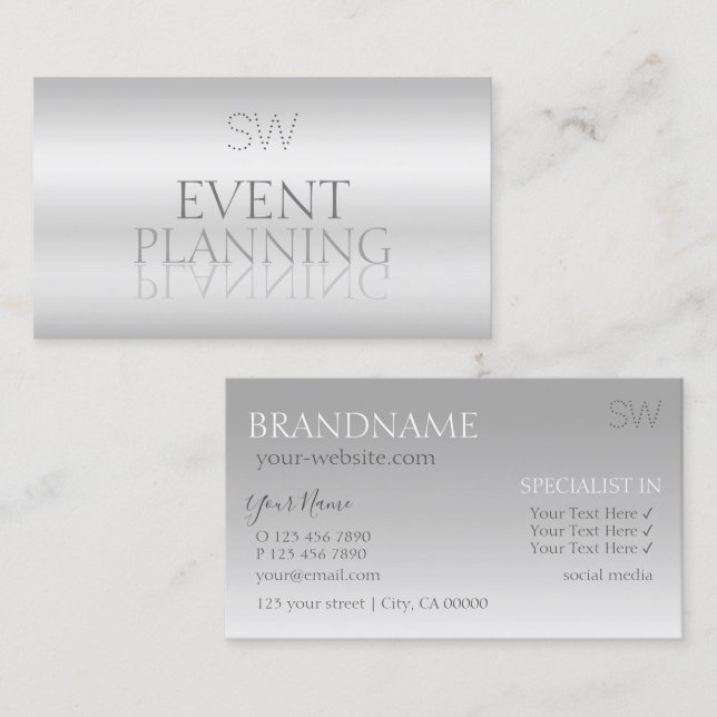 Elegant Silver Mirror Font with Monogram Stylish Business Card (Front/Back)