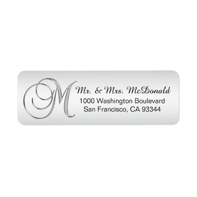 Elegant Silver Monogram Letter 'M' Envelope Return Address Label (Front)