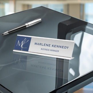 Elegant Silver Monogram Navy Blue Metal Desk Desk Name Plate
