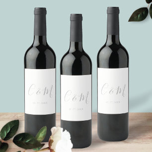 Elegant Silver Monogram Wedding Wine Label