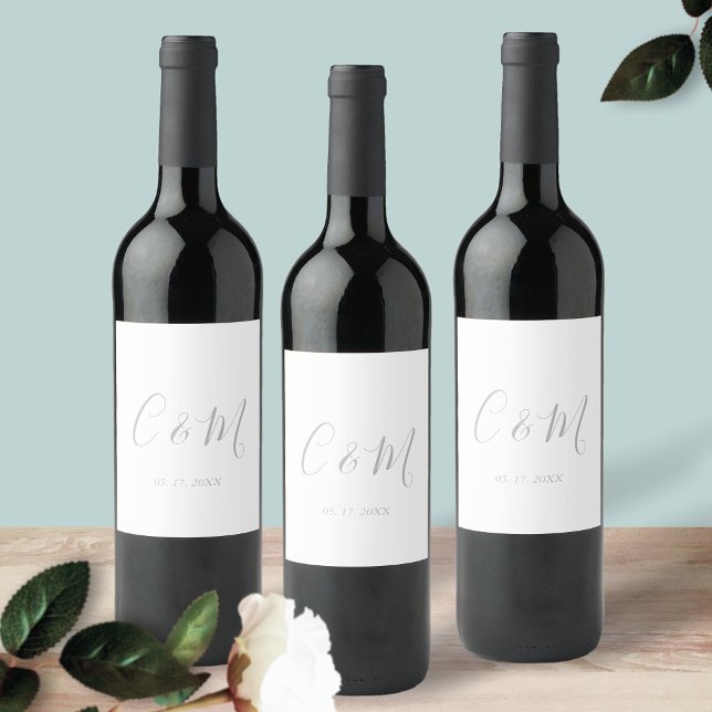 Elegant Silver Monogram Wedding Wine Label (Creator Uploaded)
