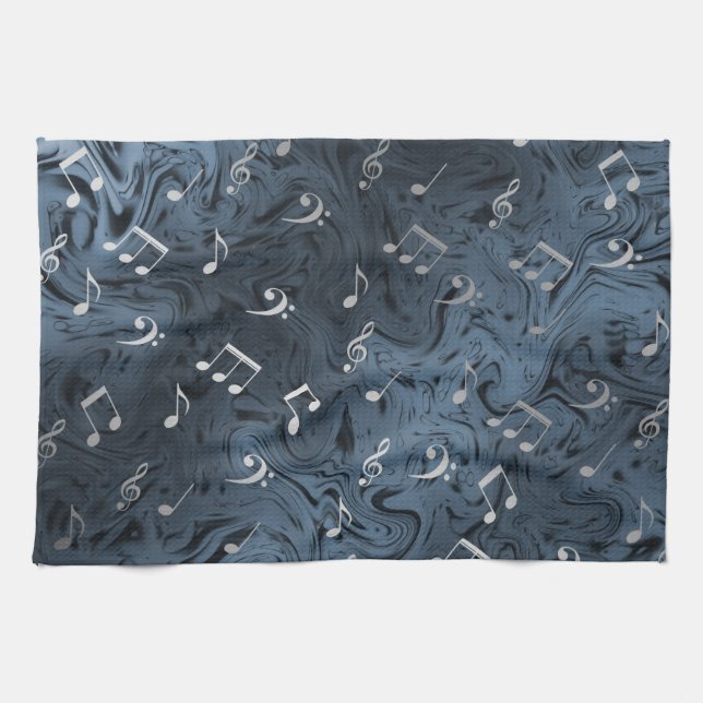 elegant silver music notes in blue tea towel (Horizontal)