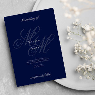 Elegant silver navy blue monogram initial wedding invitation