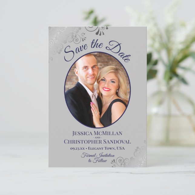 Elegant Silver & Navy Blue on Grey Photo Wedding Save The Date (Standing Front)