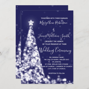 Elegant Silver Navy Christmas Tree Holiday Wedding Invitation