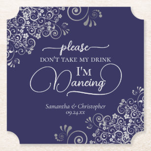Elegant Silver & Navy Don't Take My Drink Wedding Paper Coaster