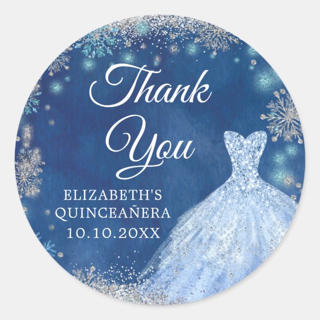 Elegant Silver Navy Snowflake Christmas 15 Anos Classic Round Sticker (Front)