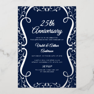 Elegant Silver Navy Swirl 25th Wedding Anniversary