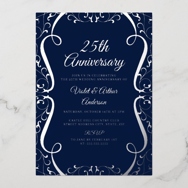 Elegant Silver Navy Swirl 25th Wedding Anniversary (Front)