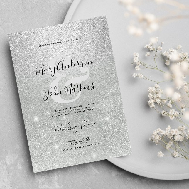 Elegant silver ombre glitter ampersand Wedding Invitation (Elegant silver ombre glitter ampersand Wedding )