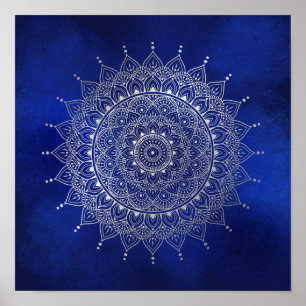 Elegant Silver on Deep Blue Floral Henna Mandala Poster