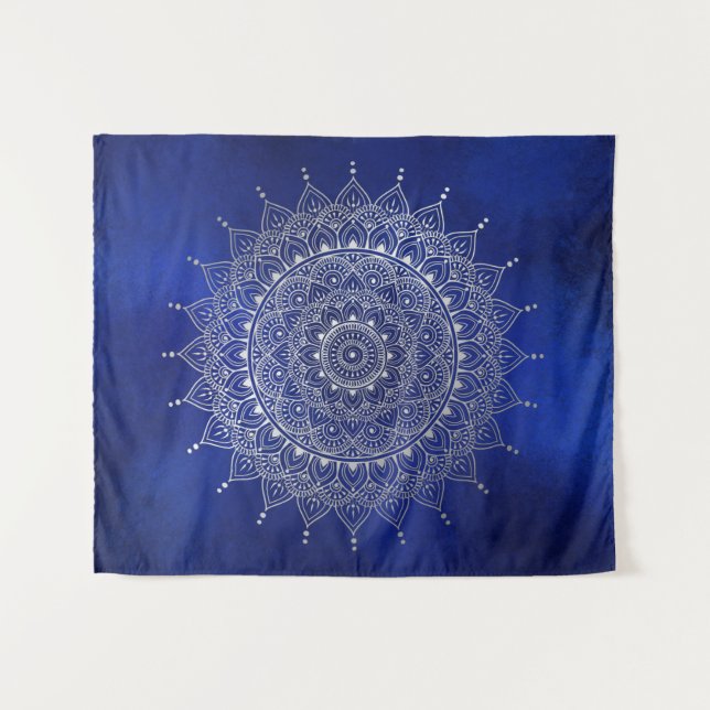 Elegant Silver on Deep Blue Floral Henna Mandala Tapestry (Front (Horizontal))