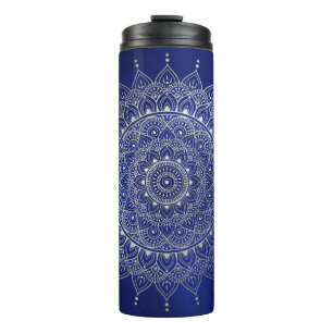 Elegant Silver on Deep Blue Floral Henna Mandala Thermal Tumbler