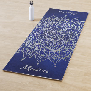 Elegant Silver on Deep Blue Floral Henna Mandala Yoga Mat
