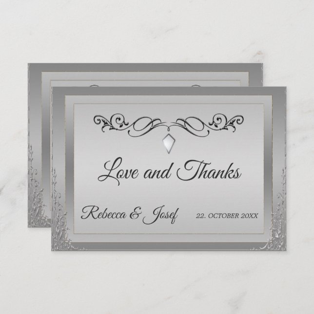 Elegant silver ornate corner border thank you card (Front/Back)