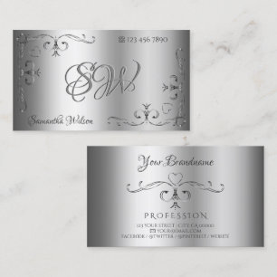 Elegant Silver Ornate Corners Initials Ornamental Business Card