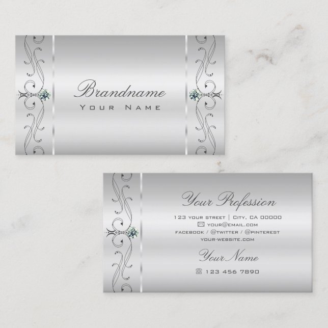 Elegant Silver Ornate Squiggled Jewels Ornamental Business Card (Front/Back)