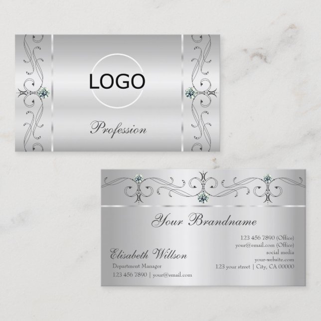 Elegant Silver Ornate Squiggled Jewels with Logo Business Card (Front/Back)