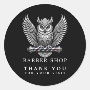 Elegant Silver Owl Barber Shop Logo Hair Stylist Classic Round Sticker