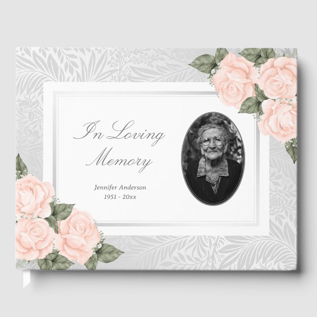 Elegant Silver Peach Roses Botanical Funeral Photo Guest Book (Front)