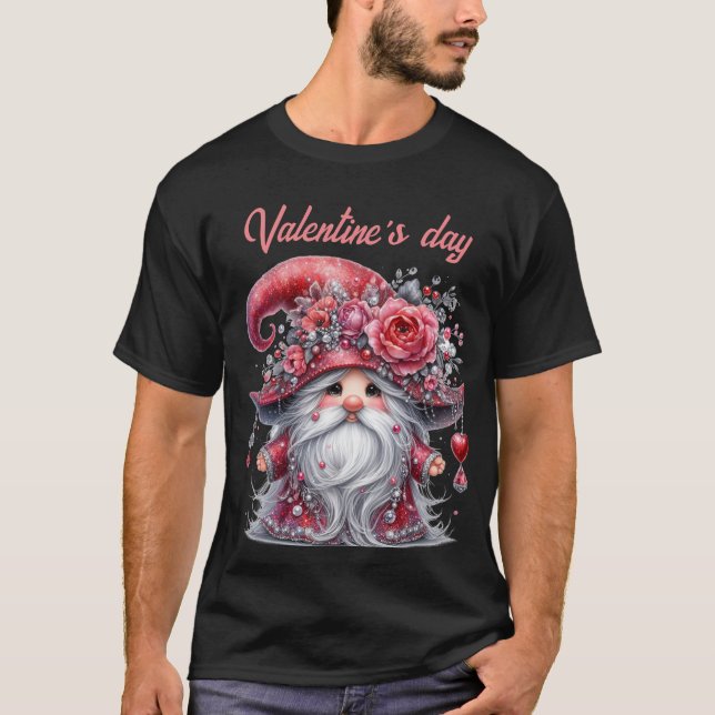 Elegant silver pearls red valentine cute gnome T-Shirt (Front)